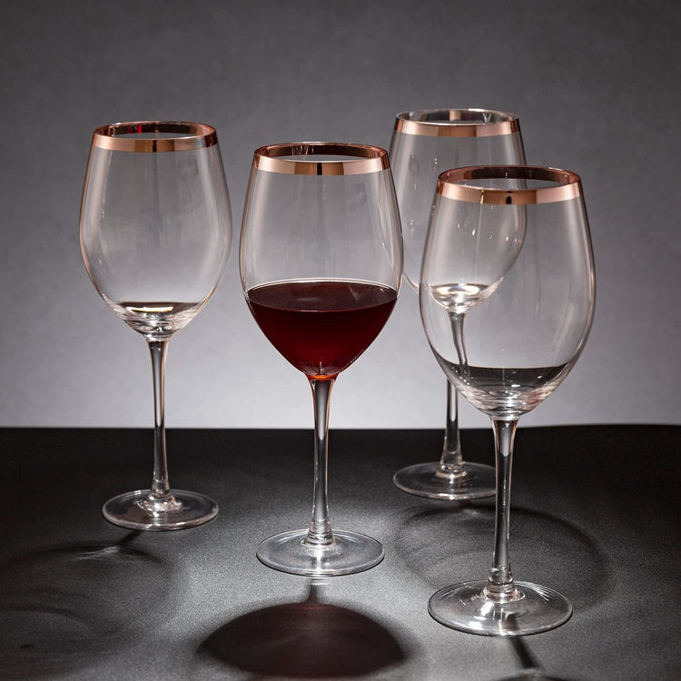 Set of 4, Clear Stemmed Wine Glasses with Copper-Tone Rim, White or Red Wine Stemware-MyGift