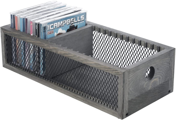 Gray Wood CD Storage Box, Tabletop Compact Disc Holding Rack with Metal Mesh Wire Sides-MyGift