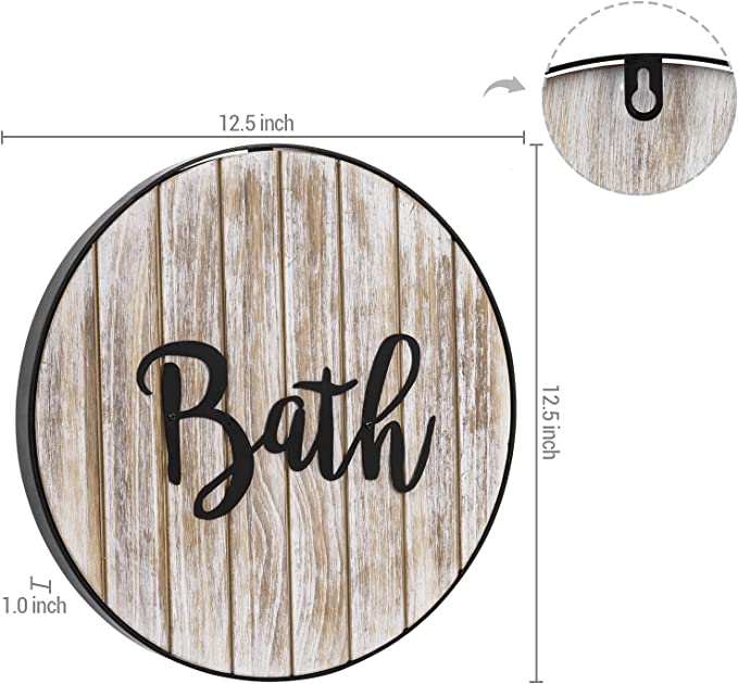 Whitewashed Wood & Black Metal Bathroom Wall Decor Sign with Cursive Bath Lettering-MyGift