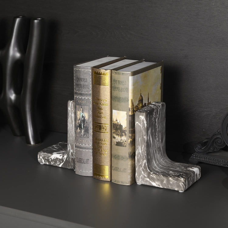 Decorative Desktop Ceramic L-Shaped Bookends with Dark Gray Marble Style Finish, 2 Piece Set-MyGift