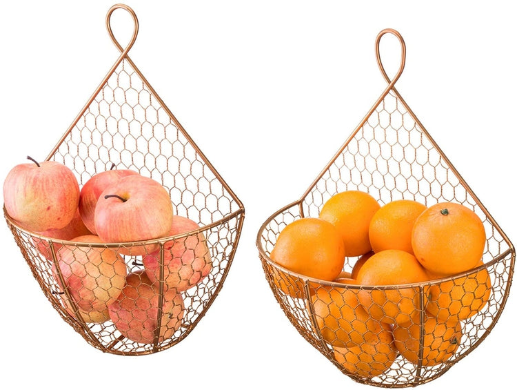 Set of 2, Copper Metal Chicken Wire Wall Hanging Produce Baskets-MyGift