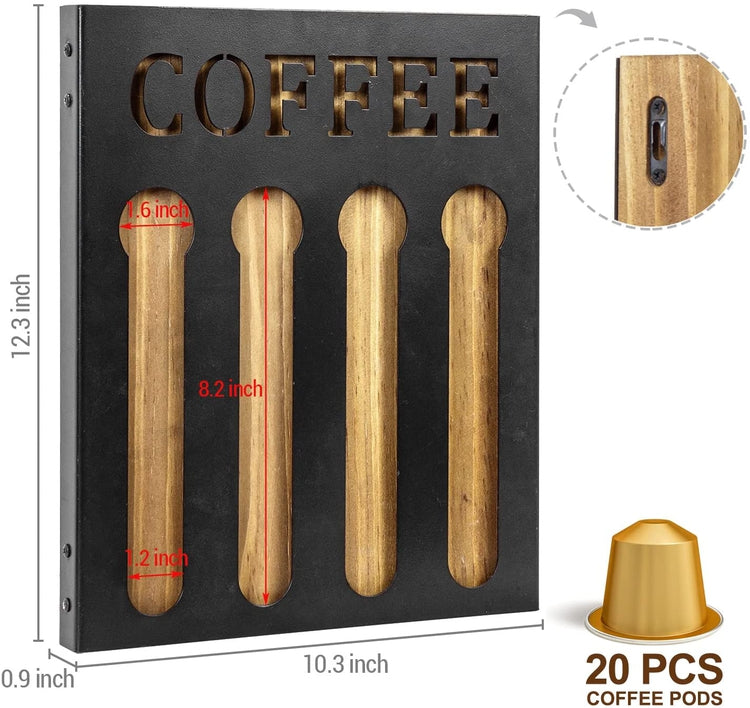 Wall Mounted Coffee Capsule Holder, Burnt Wood Black Metal Coffee Bar Organizer Storage with Cutout COFFEE Lettering-MyGift