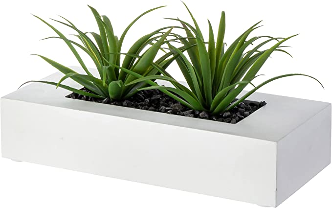 Tabletop Artificial Green Grass Plants in 10 Inch White Wood Rectangular Planter Pot-MyGift