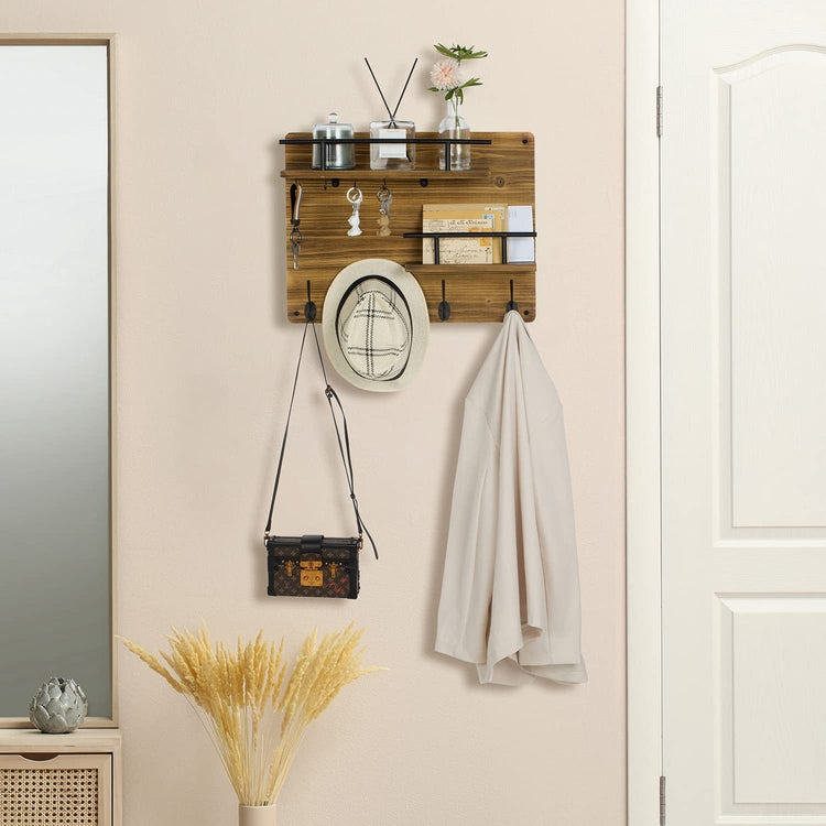 Burnt Wood Entryway Wall Organizer Rack with Mail Holder, Key Hooks, Coat Hooks, and Display Shelves with Metal Rails-MyGift