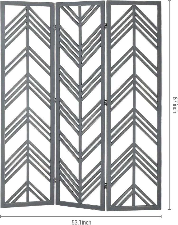 3 Panel Distressed Gray Wood Cut Out Chevron Design Room Divider, Standing Tri Fold Trellis Style Screen Partition-MyGift