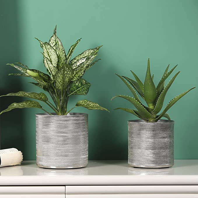 Round Indoor Planter Pot, Silver Aluminum Tone Metal Succulent Planter, Set of 2-MyGift