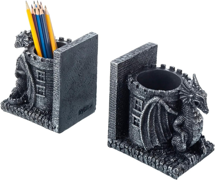 Medieval Black Resin Dragon Guarding Castle Bookends and Pencil Holder, Desk Fantasy Dragons Tower Pen Cups-MyGift