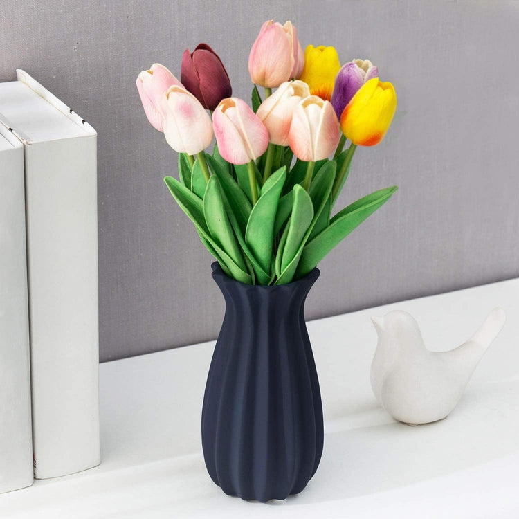 Set of 2, Matte Navy Blue Tulip Design Ribbed Ceramic Flower Vases-MyGift