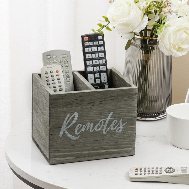 2 Slot Vintage Weathered Gray Wood Remote Control Holder Caddy, Media Storage Box-MyGift