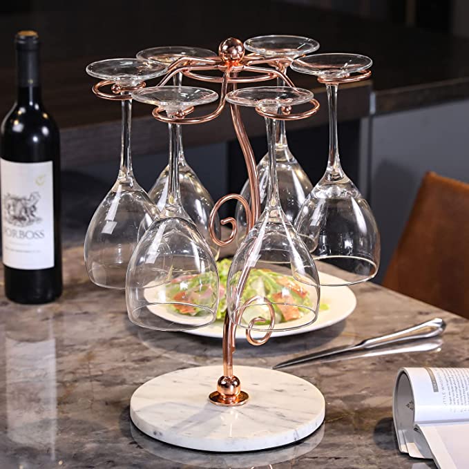 Modern Copper Metal Wire Countertop Wine Glasses Rack, Tabletop Stemware Holder with White Marble Base-MyGift