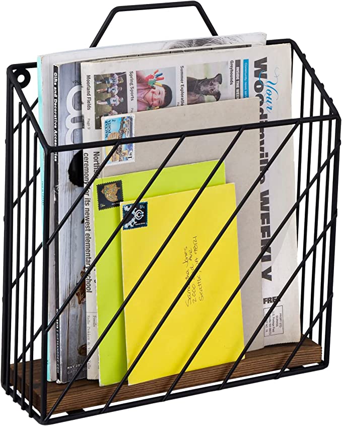 Black Metal Document Holder Storage Basket, Magazine Rack with Rustic Burnt Wood Base-MyGift