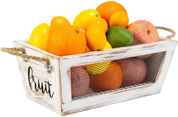 Wooden Fruit Basket, Whitewashed Wood Storage Bin with Wire Mesh Sides, Rope Handles and Cursive FRUIT Label-MyGift