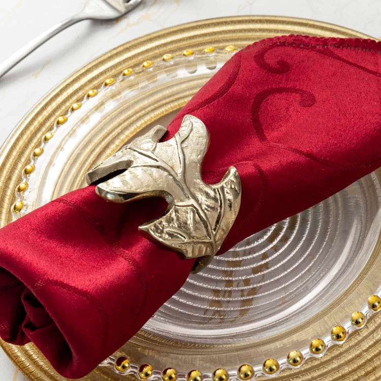 Set of 6, Leaf Napkin Rings, Brass Tone Cast Aluminum Napkin Holder with Foliage Design, Cloth Serviette Holders-MyGift