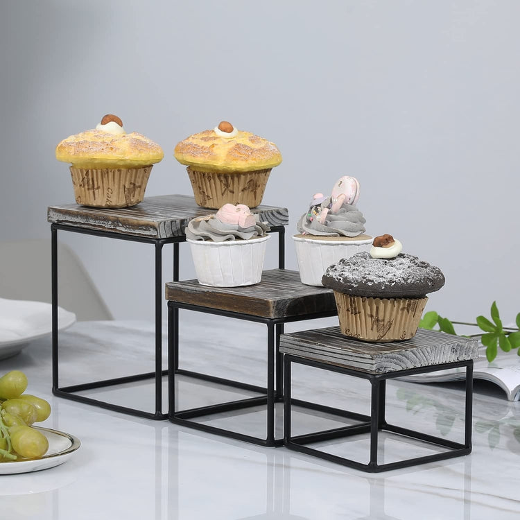 Set of 3, Torched Wood and Black Metal Square Cupcake Stands, Food Dessert Display Risers, Retail Merchandise Stands-MyGift