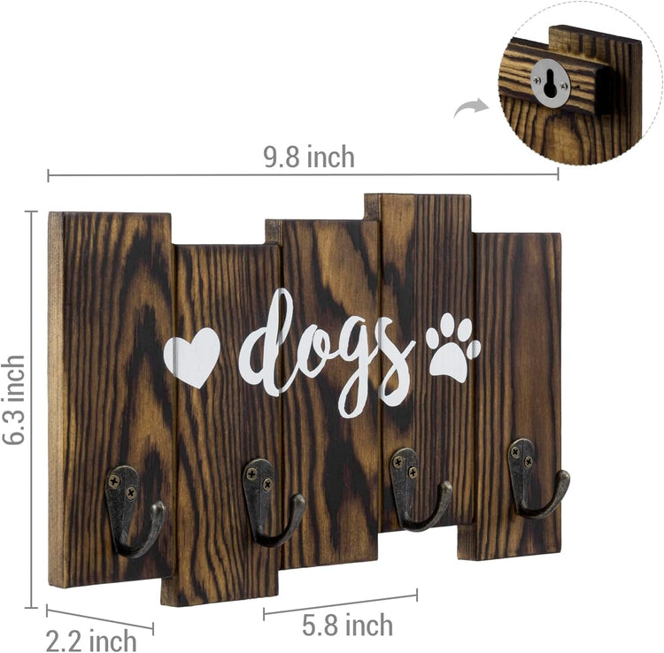 Wall Mounted Burnt Wood Dog Leash Holder and Key Rack with White Cursive Lettering Dogs Label, Heart, and Paw Print Sign-MyGift