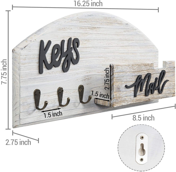 Whitewashed Wood Wall Mounted Entryway Key Holder, Mail Sorter Rack with 3 Hanging Hooks-MyGift