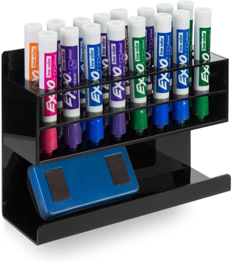 16 Slot, Black Acrylic Wall Mounted Dry Erase Whiteboard Marker and Eraser Holder Rack-MyGift