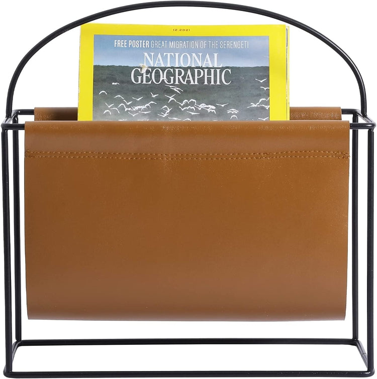 Magazine Holder with Industrial Black Metal Frame and Caramel Brown Leatherette Sling, Standing Storage Organizer-MyGift