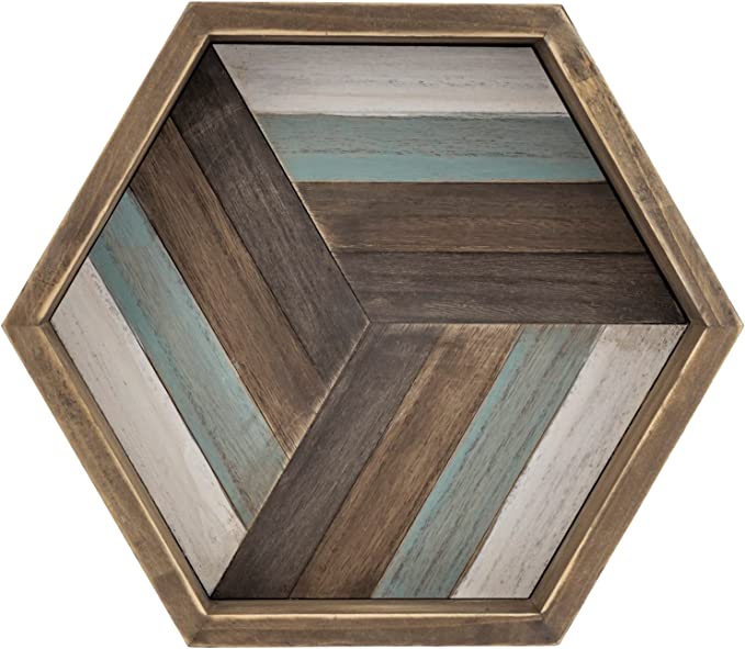 12-inch Hexagonal Burnt Wood Serving Tray with Multicolored Stripes-MyGift