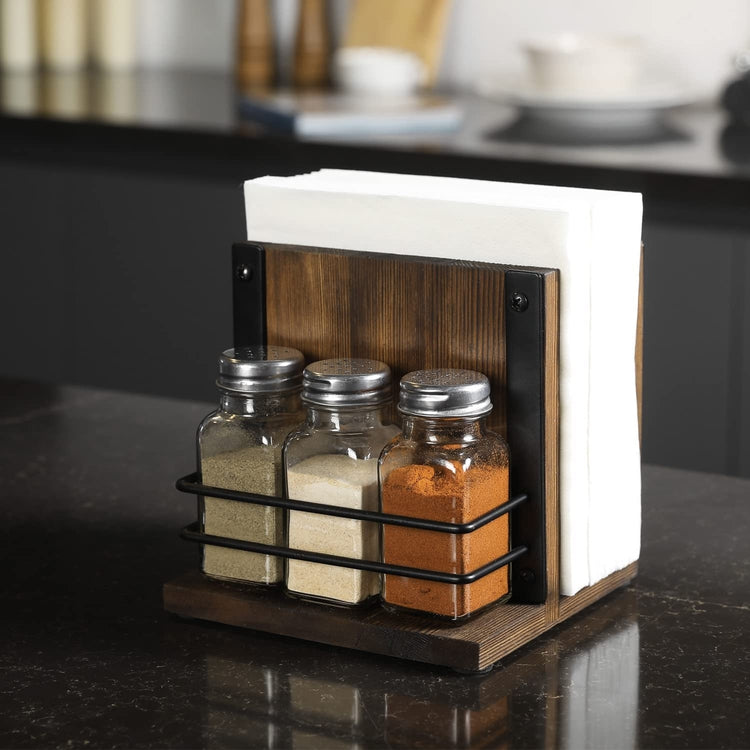 Wood Napkin Holder with 3 Salt and Pepper Shaker Set, Napkin and Spice –  MyGift