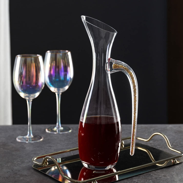 Clear Glass Wine Decanter Beverage Pitcher Carafe with Spout, Handle and Embedded Gold Tone Faux Gems-MyGift