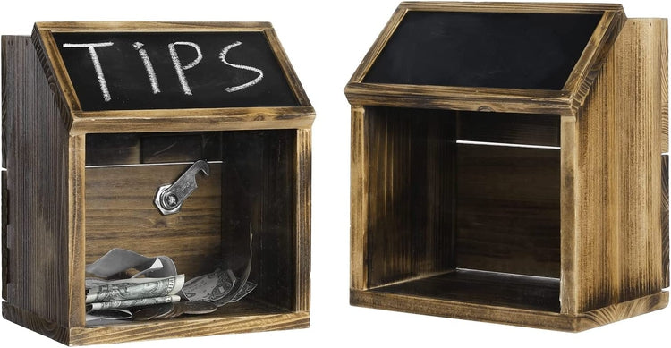 Set of 2, Burnt Wood Locking Tip Collector, Donation or Suggestion Box with Chalkboard-MyGift