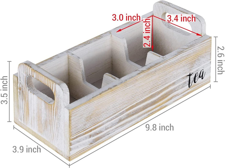 Whitewashed Wood Tea Bag Storage Box, Tea Sugar Packet Holder and Server Caddy with 3 Compartments and Cut Out Handles-MyGift