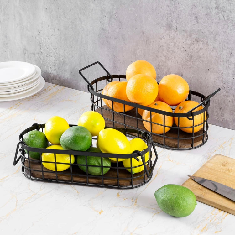 Nesting Storage Baskets, Wall Mounted or Tabletop Black Metal Wire and Oval Burnt Wood Small Baskets with Handles-MyGift