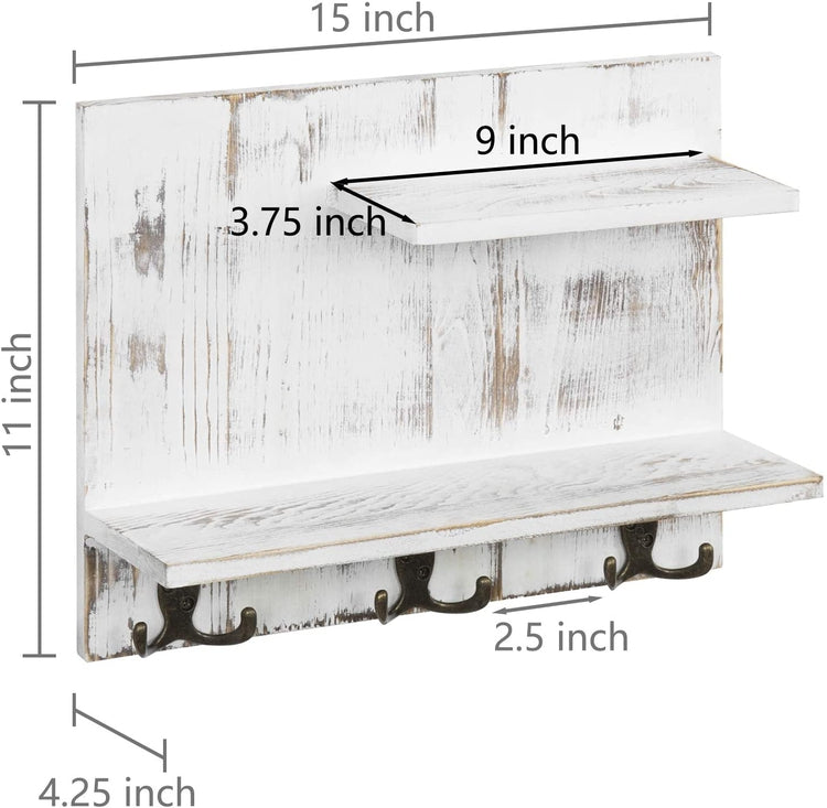 Whitewashed Wood Wall Mounted Organizer Shelf with 6 Hooks-MyGift
