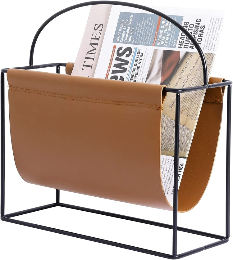 Magazine Holder with Industrial Black Metal Frame and Caramel Brown Leatherette Sling, Standing Storage Organizer-MyGift