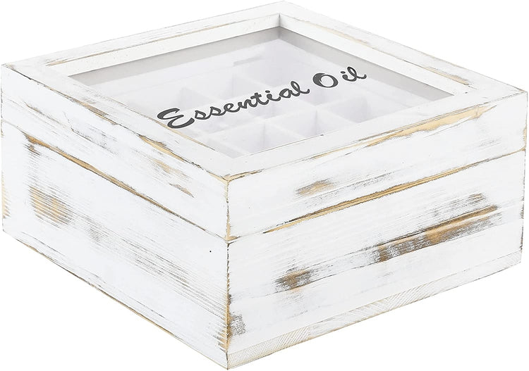 Whitewashed Wood Essential Oil Holder Box with Black Cursive "Essential Oil" Label-MyGift