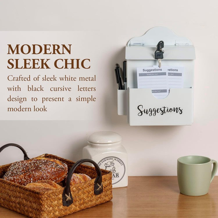 White Wall Mounted or Tabletop Lockable Comment Box, Paper Sheet Slot, Pen Holder, Top Lock and Keys-MyGift
