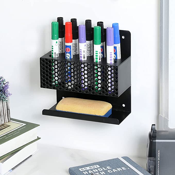 10 Slot Wall Mount Black Metal Dry Erase Marker Holder, Honeycomb Style Perforated Front Panel Office Rack-MyGift