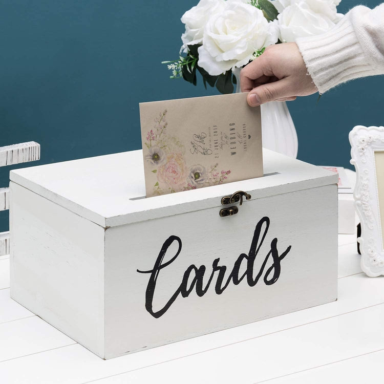 White Wood Wedding Card Holder Box with Slotted Lid and Antique Hinge Lock-MyGift