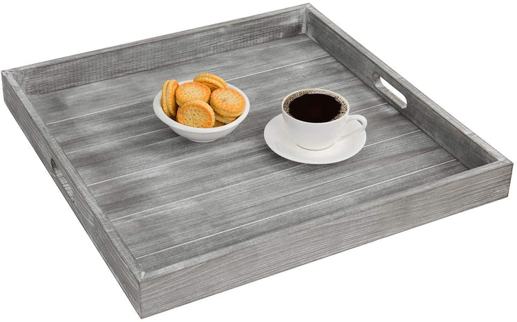 19-inch Large Square Whitewashed Gray Wood Ottoman Tray with Cutout Handles-MyGift