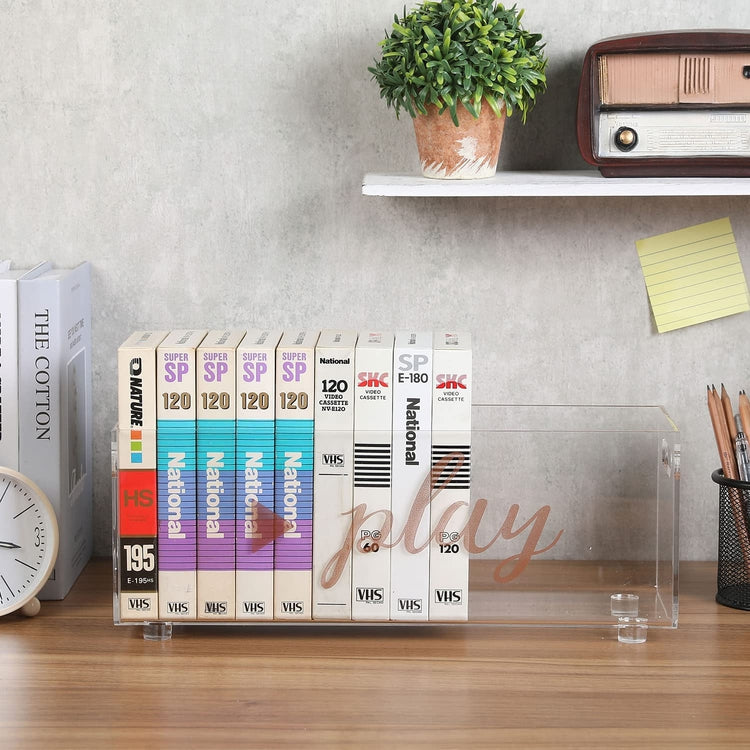 Clear Acrylic VHS Tape Storage Bin, Video Cassette Holder Organizer wi