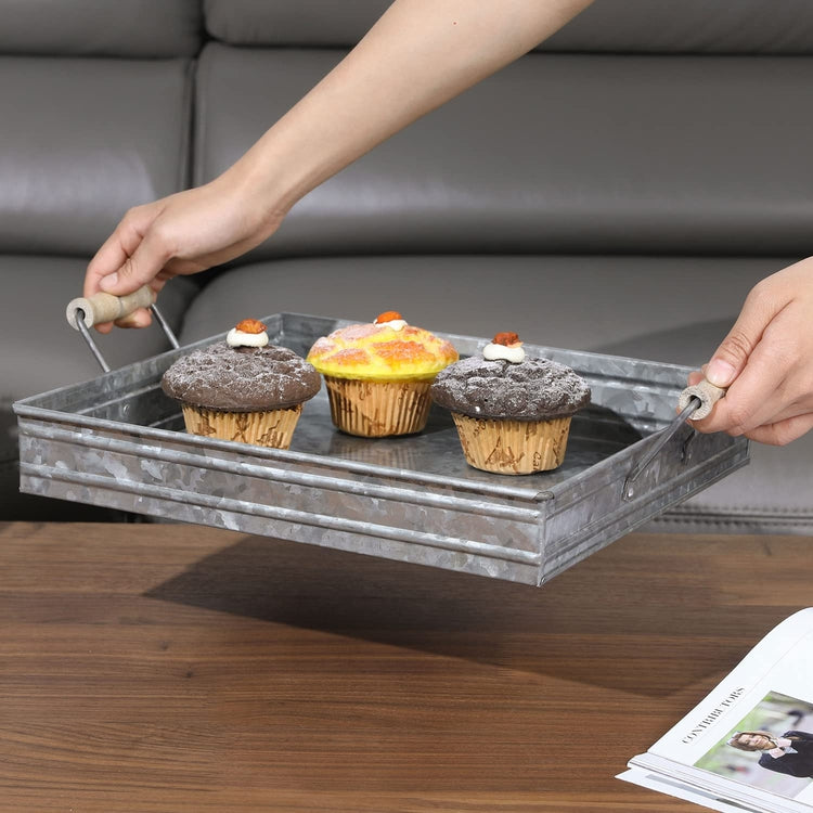 Square Galvanized Metal Decorative Tray with Mango Wood Handles, Farmhouse Serving Tray-MyGift