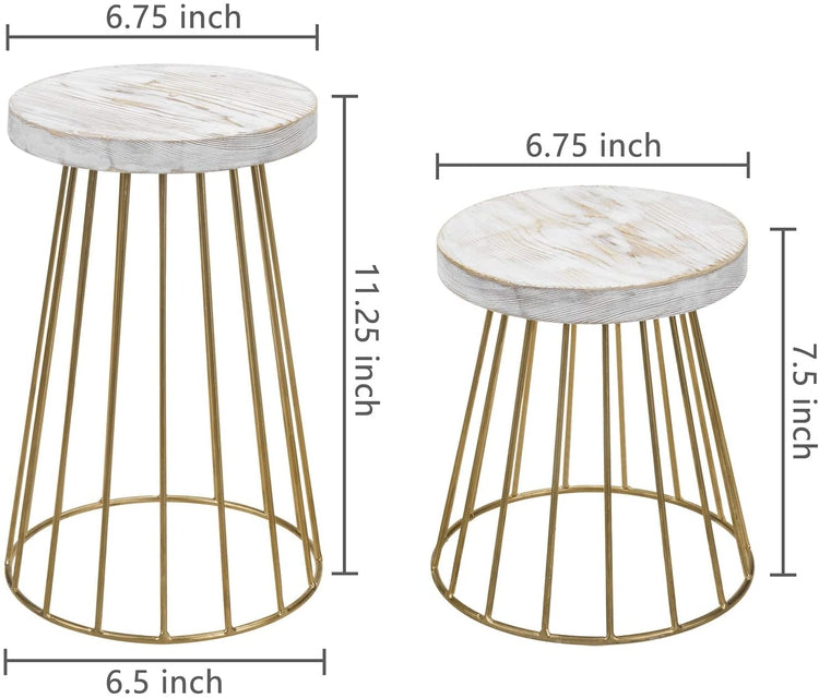 Set of 2 Whitewashed Wood and Vintage Brass Tone Metal Pedestal Display Stands-MyGift