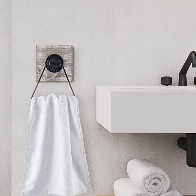 Shabby Whitewashed Wood and Matte Black Metal Triangular Hand Towel Ring for Bathroom-MyGift