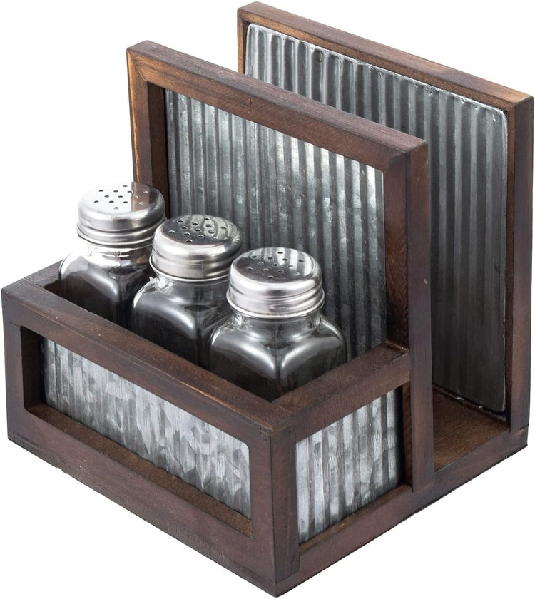 Farmhouse Brown Napkin Holder Spice Rack Combo Set, Napkin Rack with 3 Shakers for Salt Pepper Seasonings-MyGift