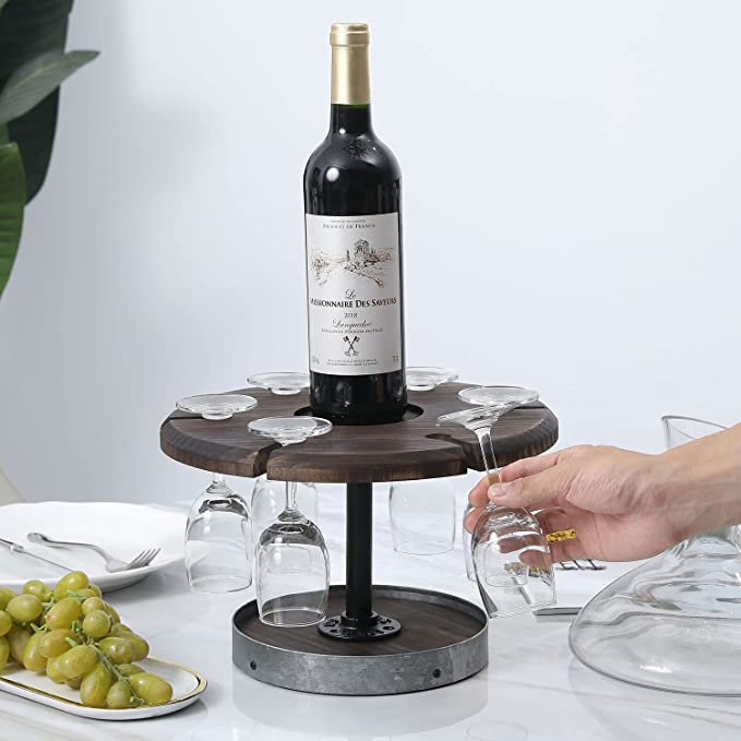 Rustic Burnt Wood Wine Flight Tasting Server Tray, Tabletop Stemware and Wine Bottle Serving Stand-MyGift