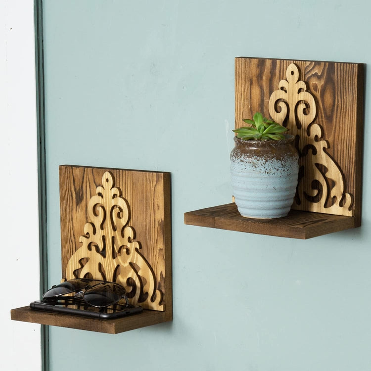 Set of 2, Floating Shelves, L-Shaped Wall Mounted Burnt Wood Display Shelf with Carved Scrollwork Decal Accent-MyGift