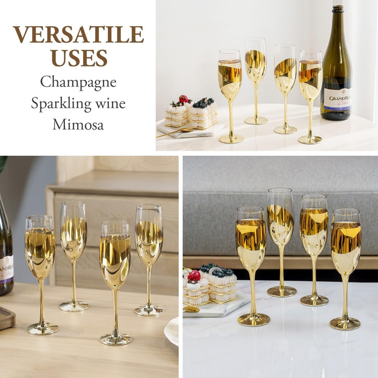 Set of 4, Brass Tone Metallic Plated Stemmed Champagne Flutes, Sparkling Wine Stemware, Toast Glasses with Angled Design-MyGift