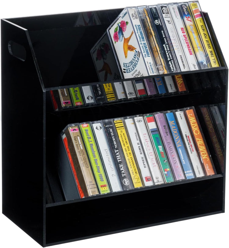 Black Acrylic Compact Cassette Holder with Cutout Carrying Handles, Retro Audio Cassette Tape Storage Display Rack Stand-MyGift