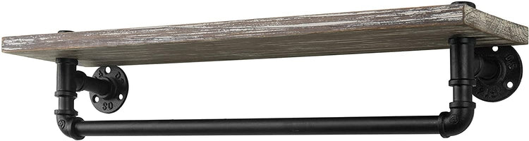 Wall Mounted Rustic Torched Wood Shelf and Industrial Pipe Towel Bar-MyGift