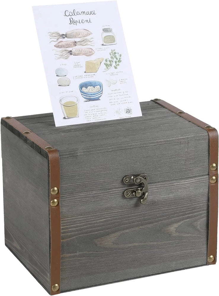 Wooden Recipe Card Holder Box, Gray Wood 3 Compartment Recipes Organizer Chest with Leatherette and Brass Accents-MyGift