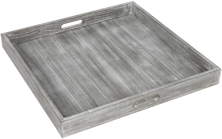 19-inch Large Square Whitewashed Gray Wood Ottoman Tray with Cutout Handles-MyGift