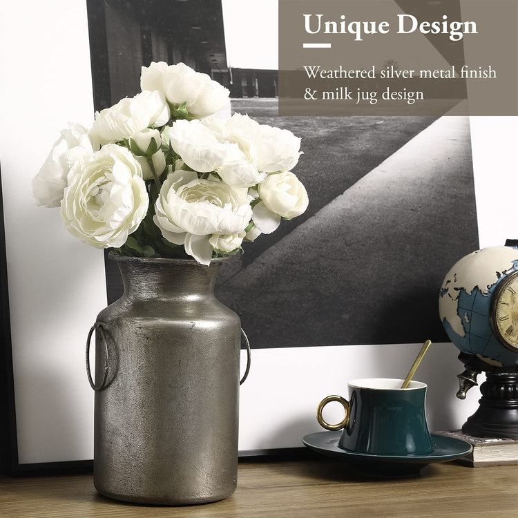 Weathered Silver Metal Old Fashioned Milk Jug Style Flower Decorative Vase-MyGift
