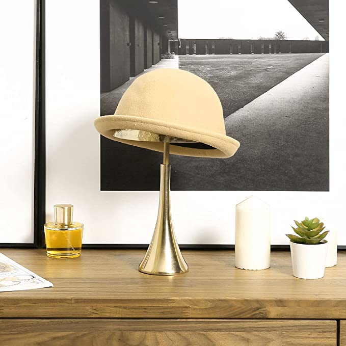 Freestanding Brass-Tone Metal Dome Hat Stand with Hammered Design, Long Wig Holder Stand-MyGift