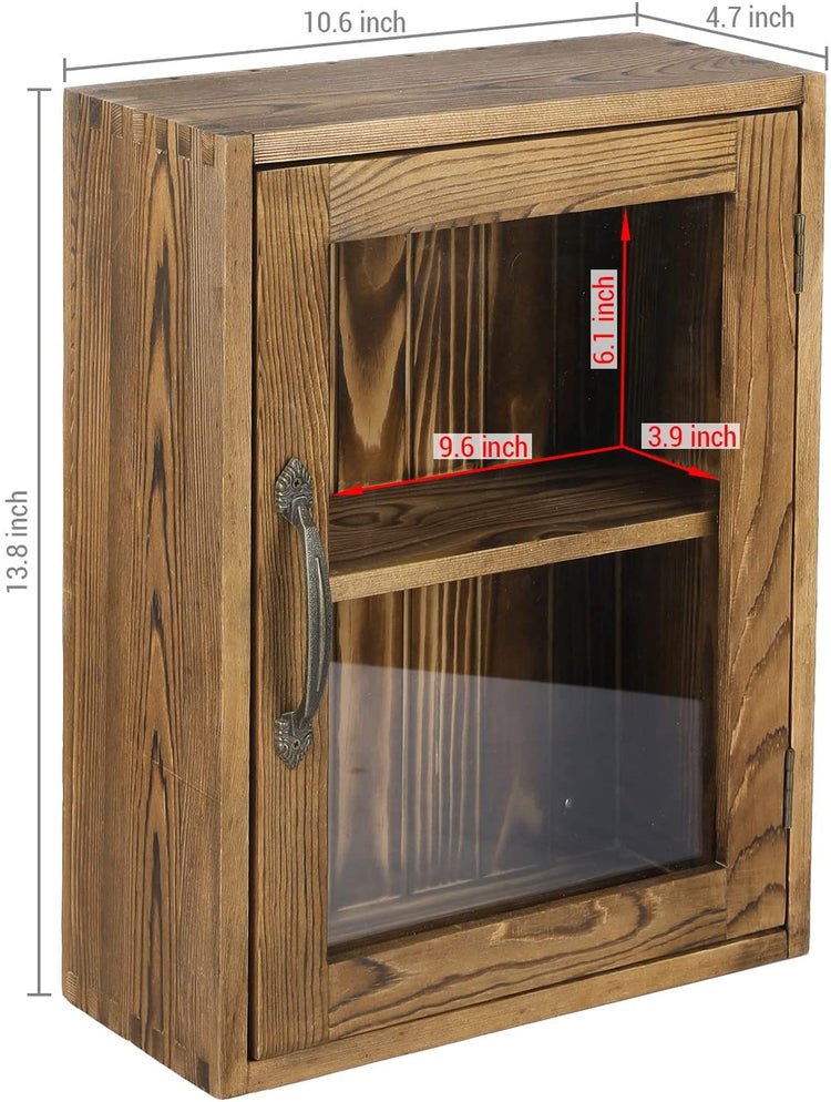 Burnt Wood Curio Cabinet, Wall Mounted Wooden Collectible Display Shelves and Case with Clear Acrylic Panel Door-MyGift